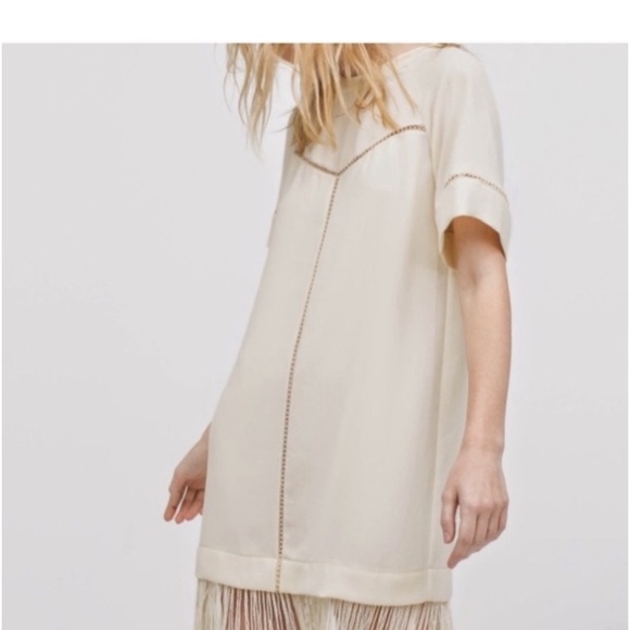 Zara Summer Mini Basic Ivory Eyelet Pullover Fringe Hem Boho Dress Size Small - Picture 2 of 12